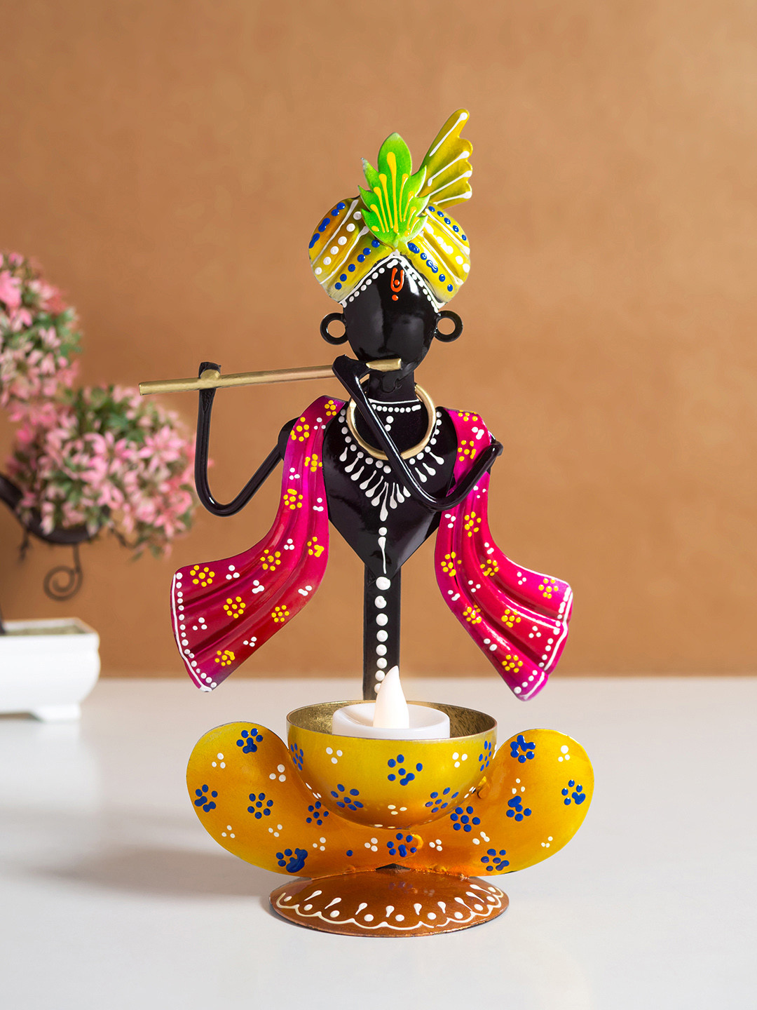 Golden Peacock Krishna Red Metal Metallic Prayer Room Hand-Crafted Medium Showpiece - 10 Inches