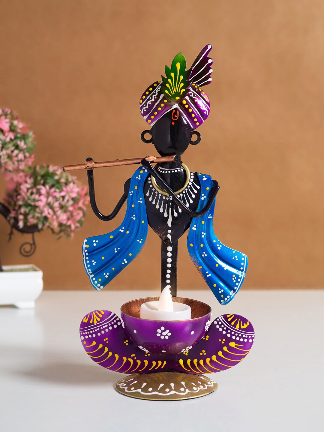 Golden Peacock Krishna Blue Metal Metallic Living Room Hand-Crafted Medium Showpiece - 5.1 Inches