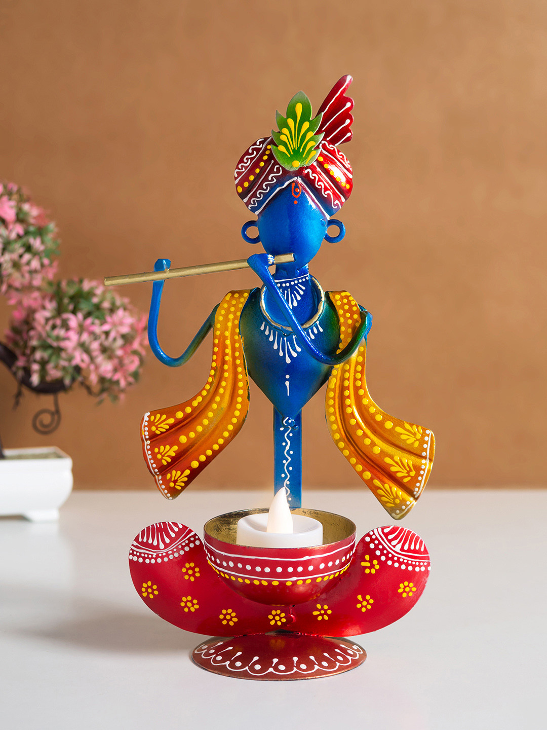 Golden Peacock Krishna Blue Metal Metallic Living Room Hand-Crafted Medium Showpiece - 10 Inches