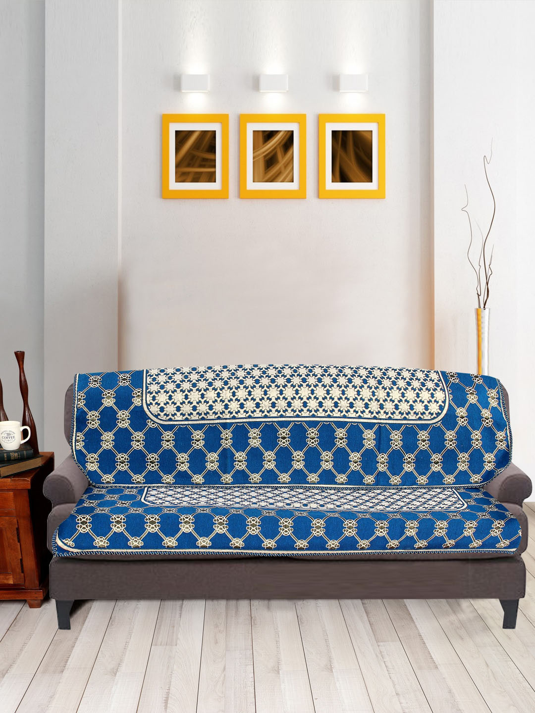 Nendle White & Blue Woven-Designed Cotton 3-Seater Sofa Cover
