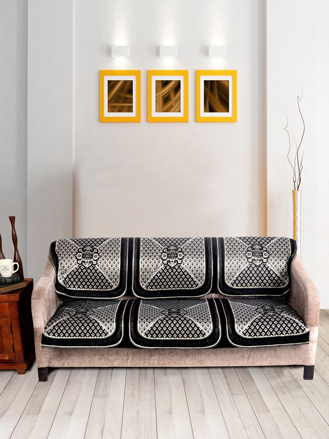 Nendle Black & White Woven-Designed Velvet 3-Seater Sofa Cover