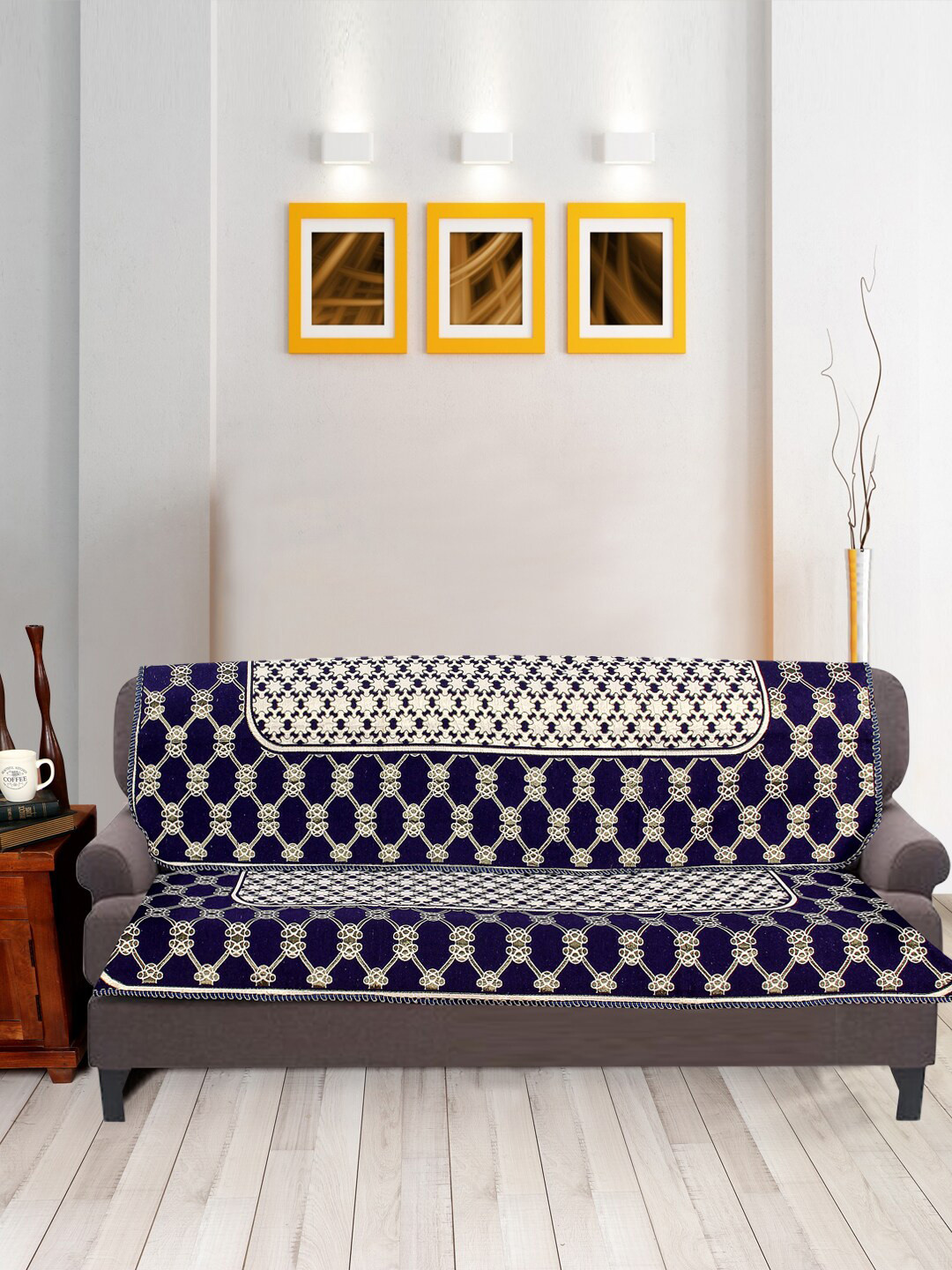 Nendle Violet & White Woven-Designed Cotton 3-Seater Sofa Cover