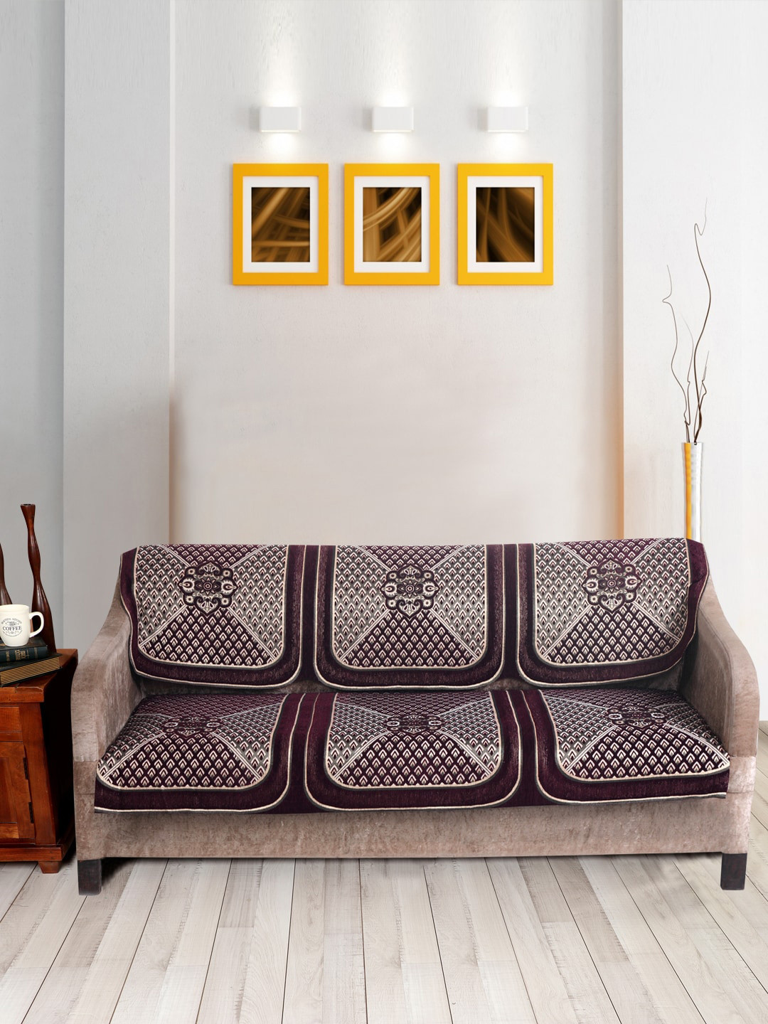 Nendle Maroon & White Woven-Designed Velvet 3-Seater Sofa Cover