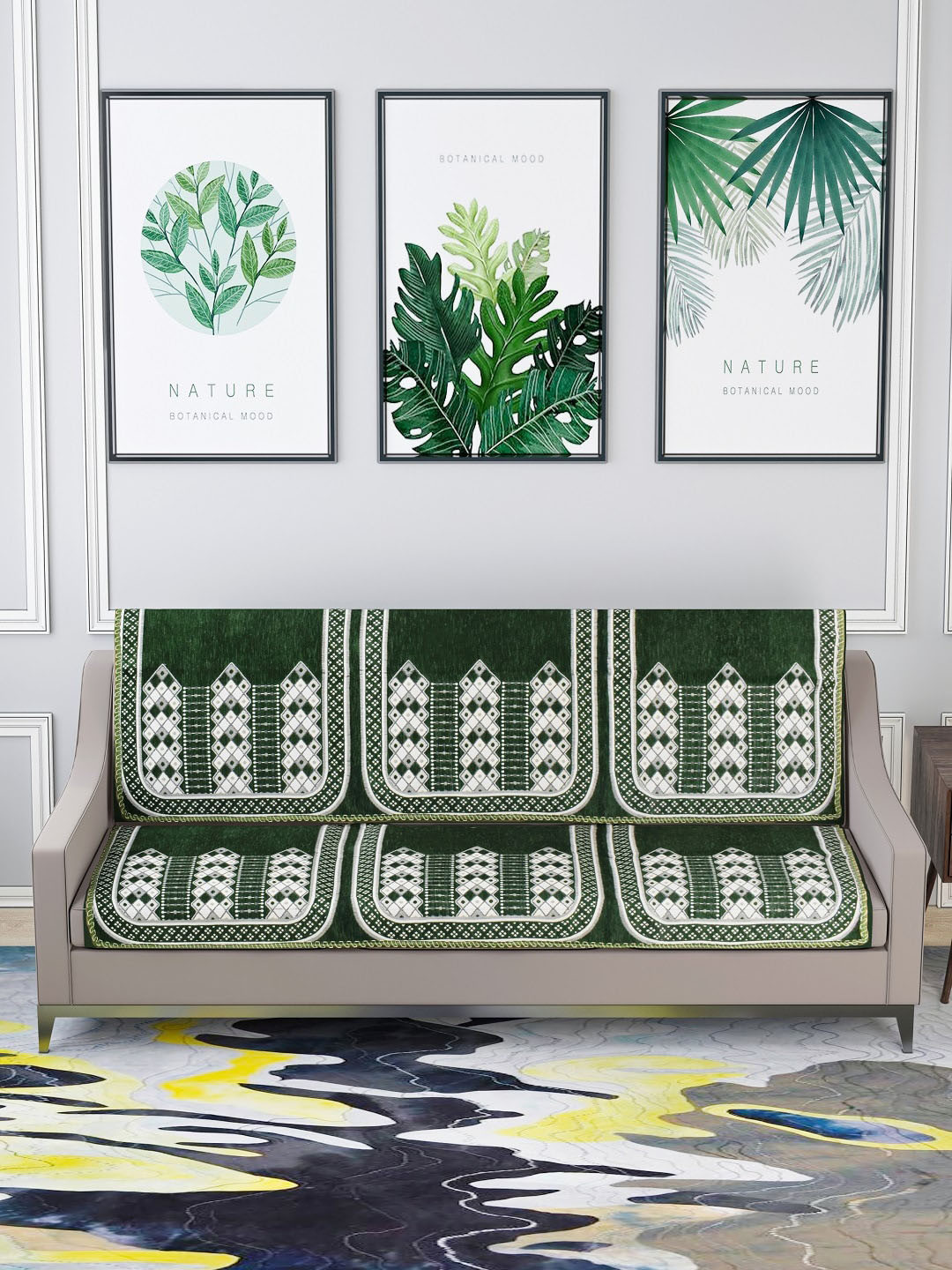 Nendle Green & White Woven-Designed Pure Velvet 3-Seater Sofa Cover