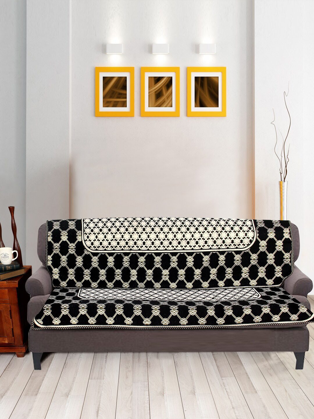 Nendle Black & White Woven-Designed Cotton 3-Seater Sofa Cover