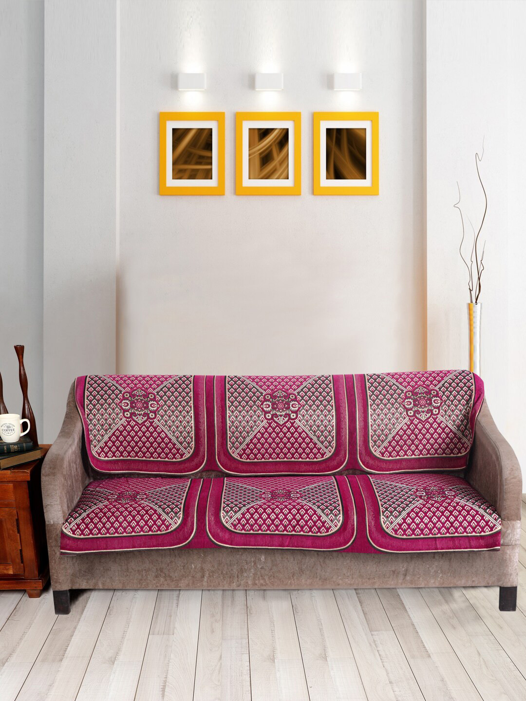 Nendle Pink & White Woven-Designed Velvet 3-Seater Sofa Cover