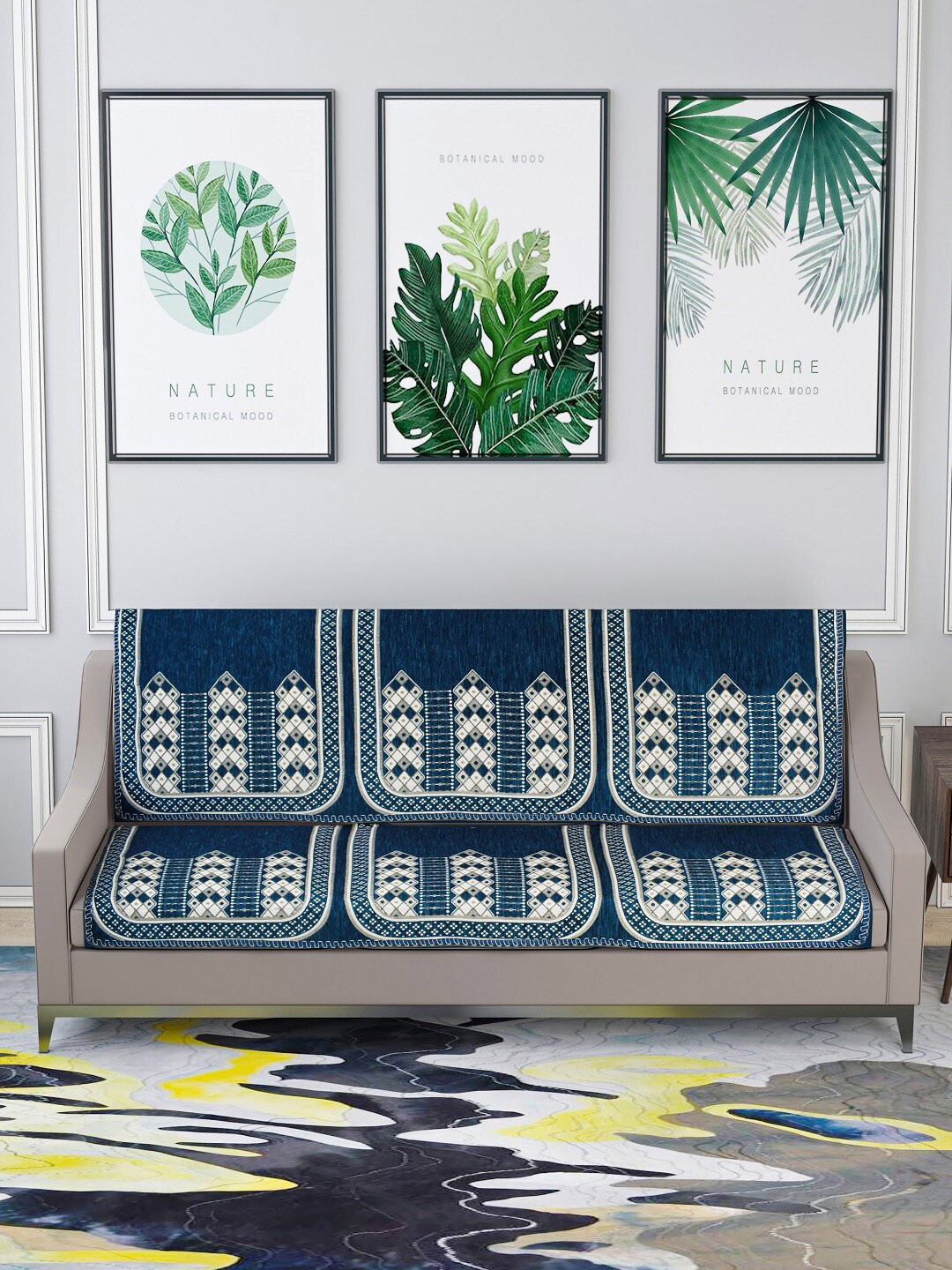Nendle Blue & White Woven-Designed Pure Velvet 3-Seater Sofa Cover
