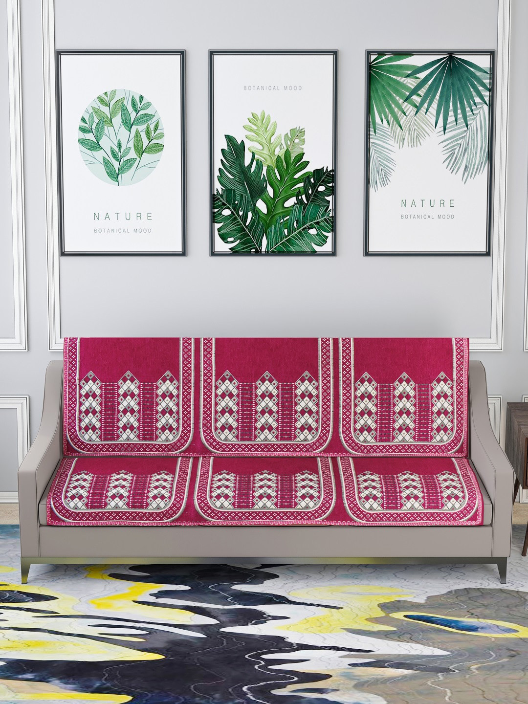 Nendle Pink & White Woven-Designed Pure Velvet 3-Seater Sofa Cover