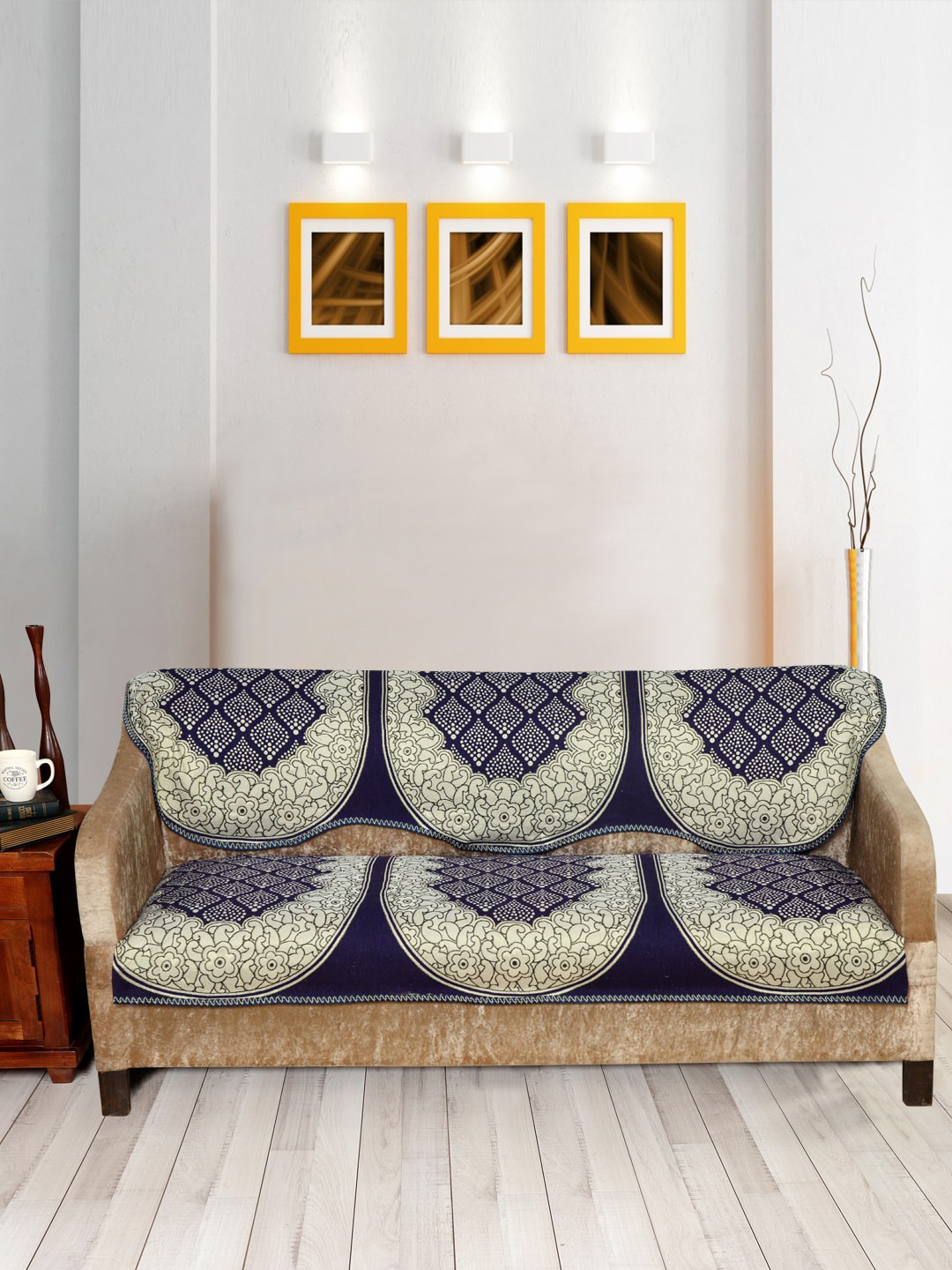 Nendle Violet & White Woven-Designed Cotton 3-Seater Sofa Cover