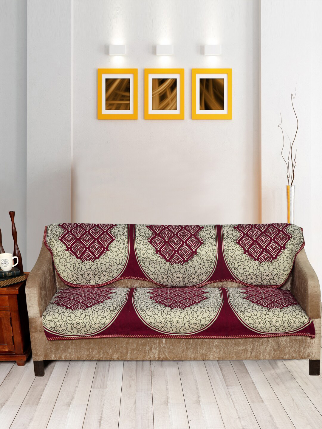 Nendle Maroon & Beige Printed 3-Seater Cotton Sofa Covers