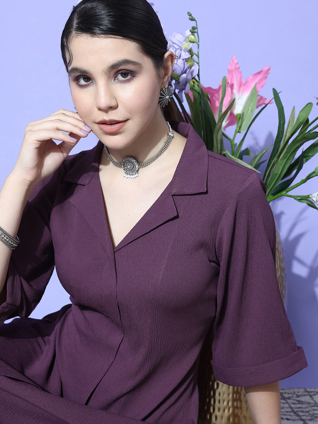 Varanga Purple Textured A line Front Placket Flared Sleeve Kurta with Kurta