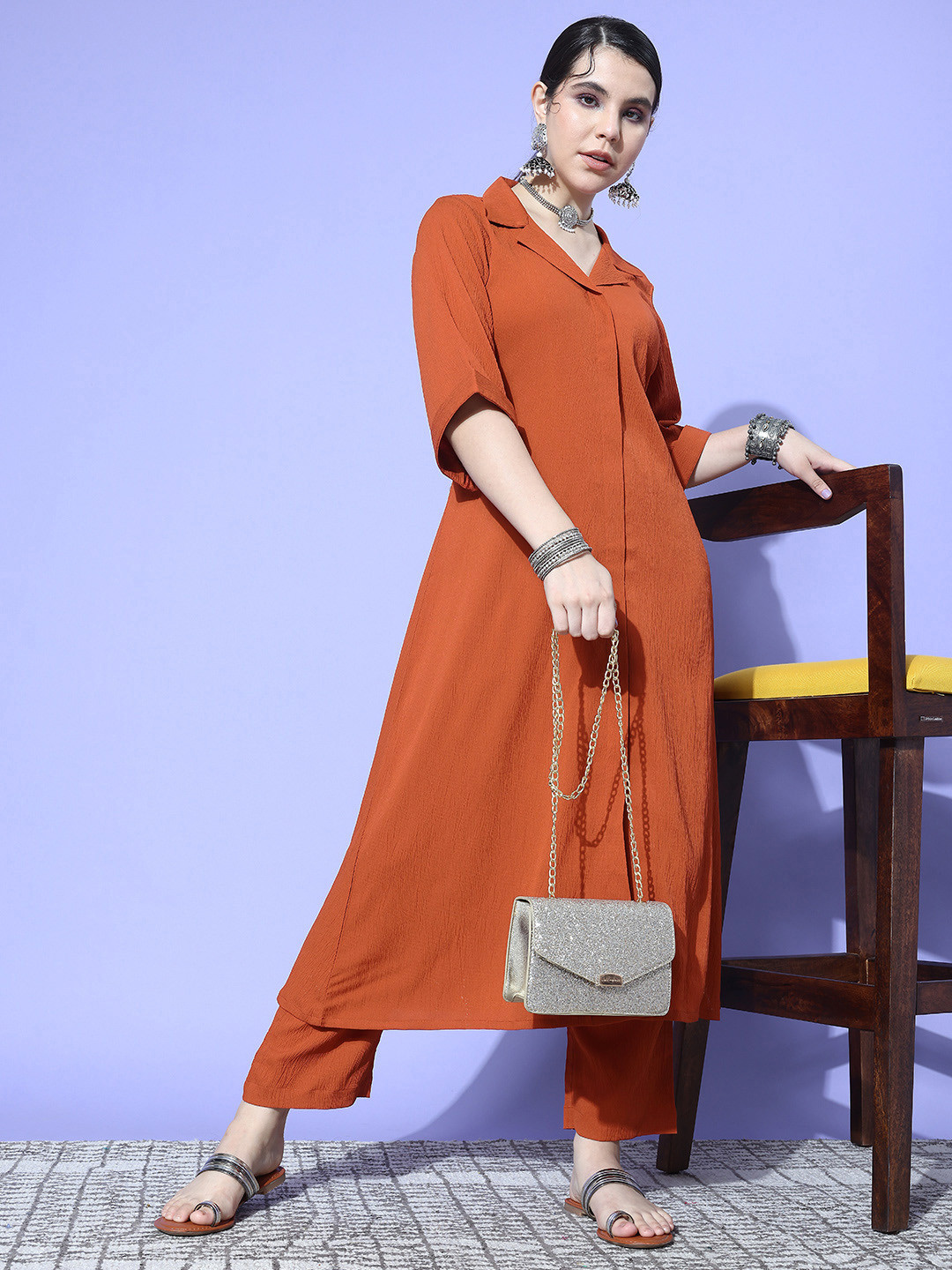 Varanga Rust Shirt Collar Elbow Sleeves A-Line Kurta with Trousers