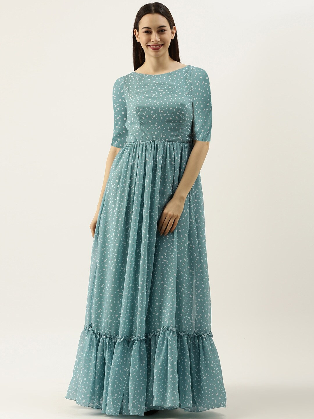 Ethnovog Abstract Printed Gathered Or Pleated Georgette Maxi Dress