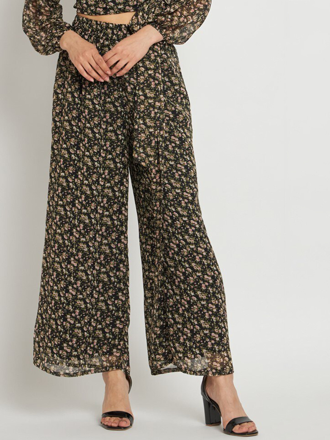 ANVI Be Yourself Black And Yellow Floral Printed Straight Fit Palazzo