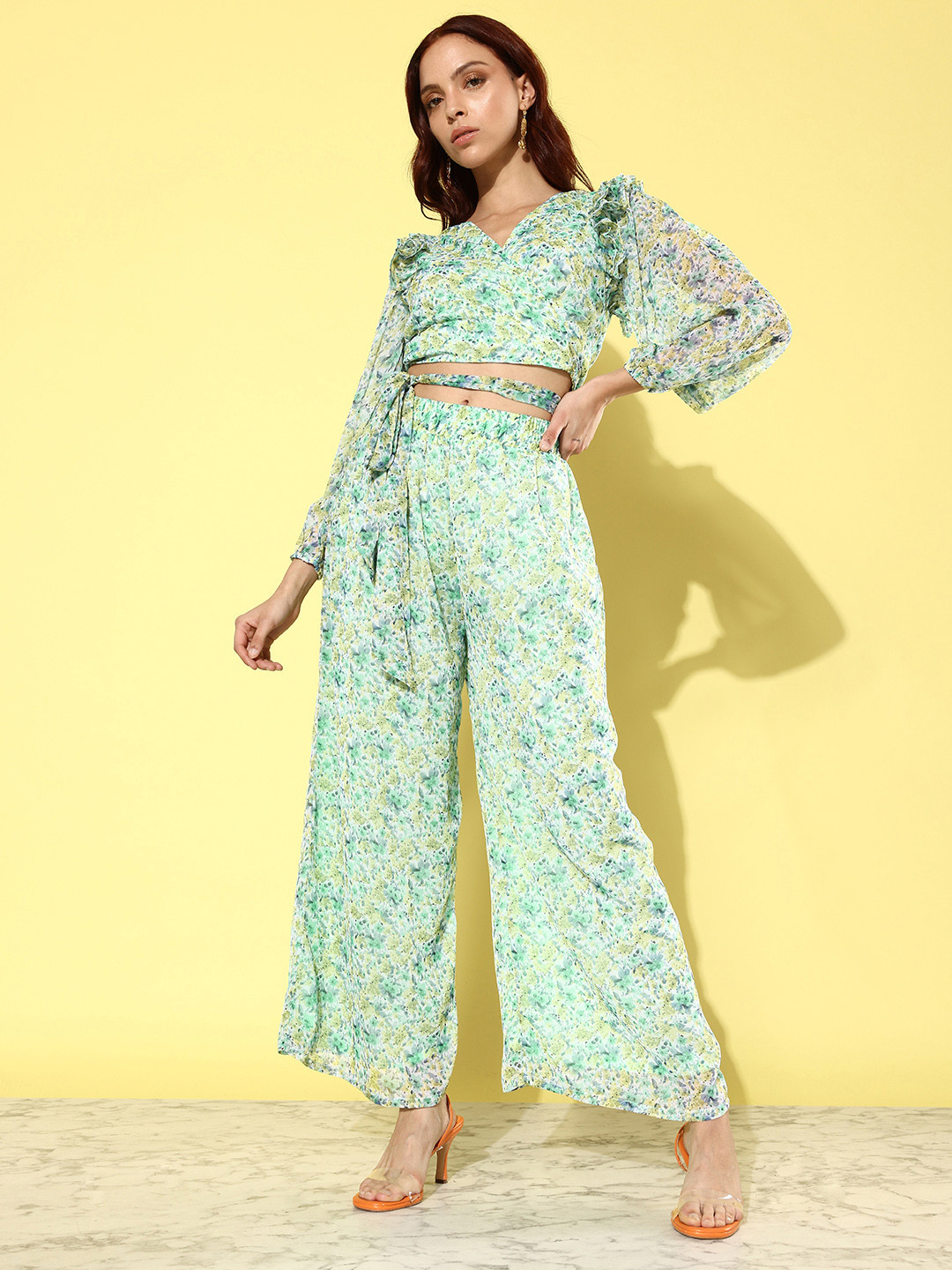 ANVI Be Yourself Women Sea Green Floral Relaxed Straight Leg Easy Wash Parallel Trousers