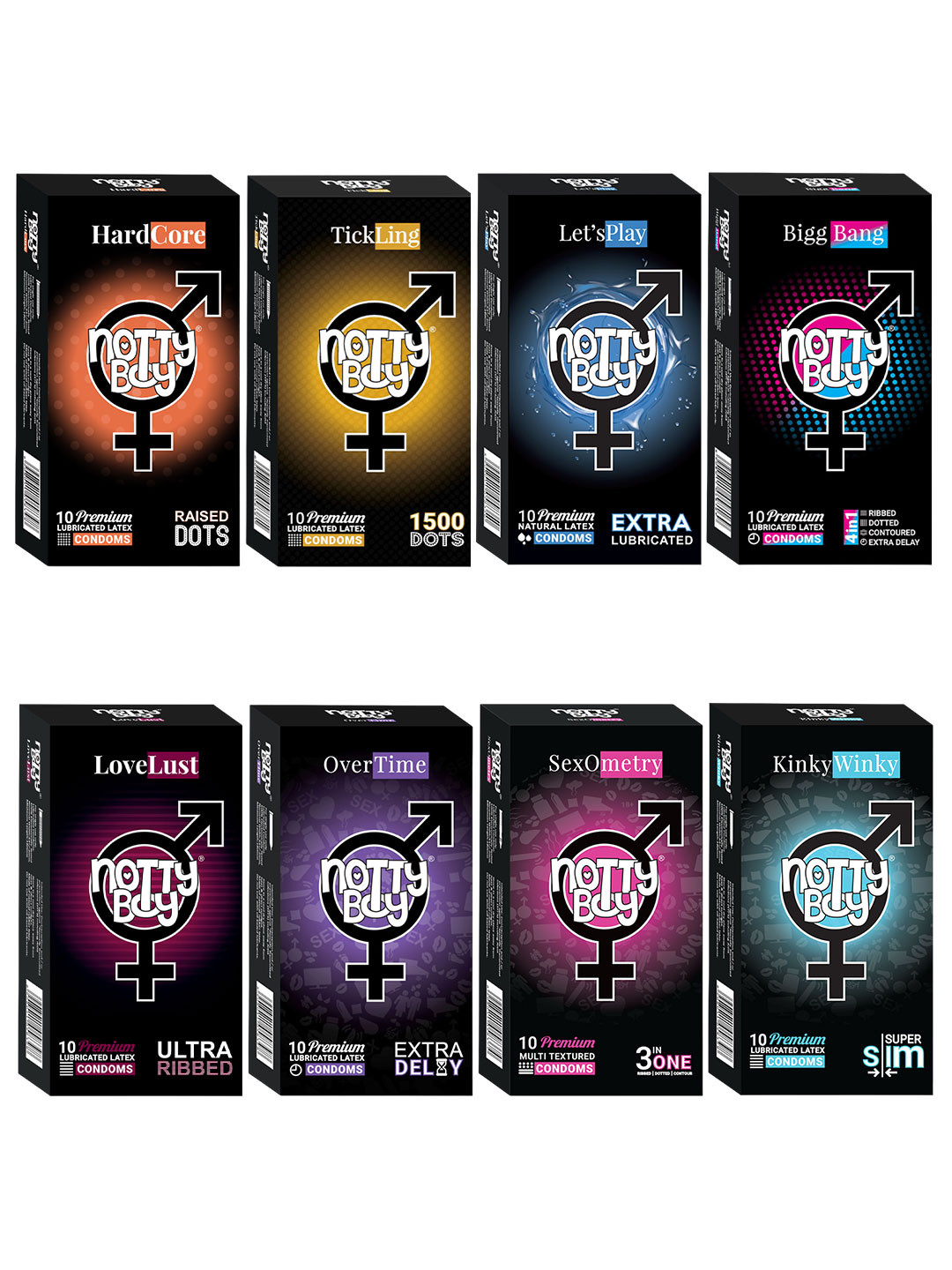 noTTy Boy Set Of 8 Dotted & Ribbed Ultra Thin Lubricated Condoms - 10Pcs Each