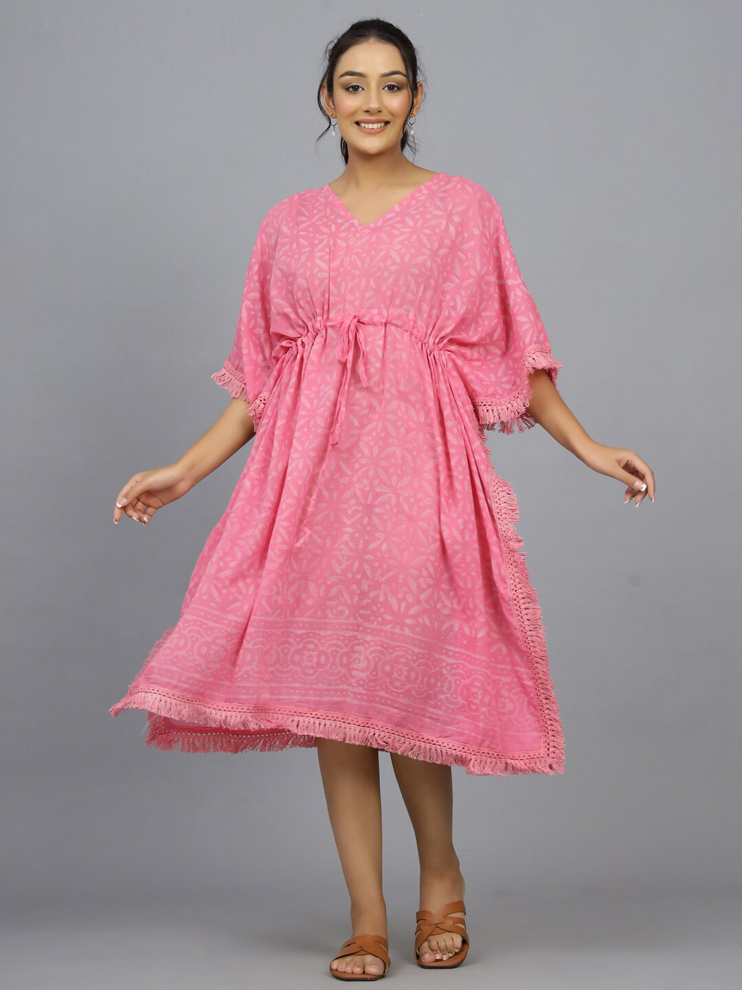 HANDICRAFT PALACE Hand Block Printed Pure Cotton Kaftan Swim Cover-Up Dress