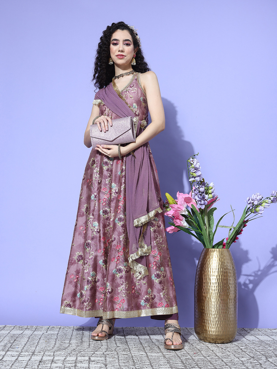 Varanga Women Purple Floral Printed Sequinned Floral Anarkali Kurta with Dupatta