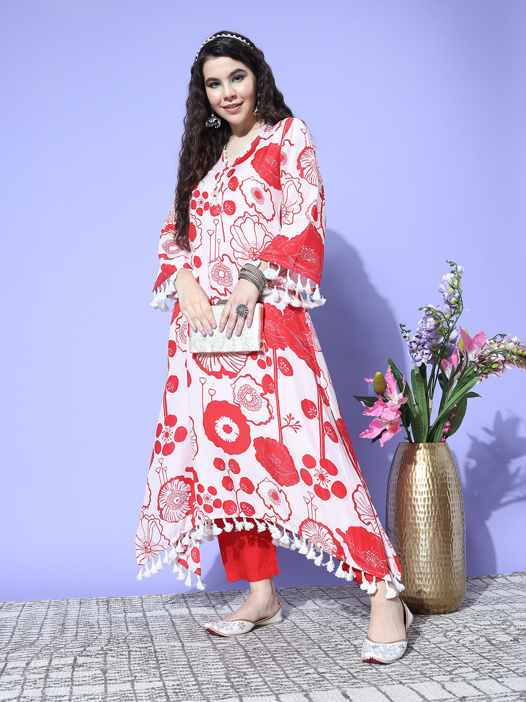 Varanga Winter Floral Printed V-Neck A-Line Woolen Kurta Set with Tesselled Hem