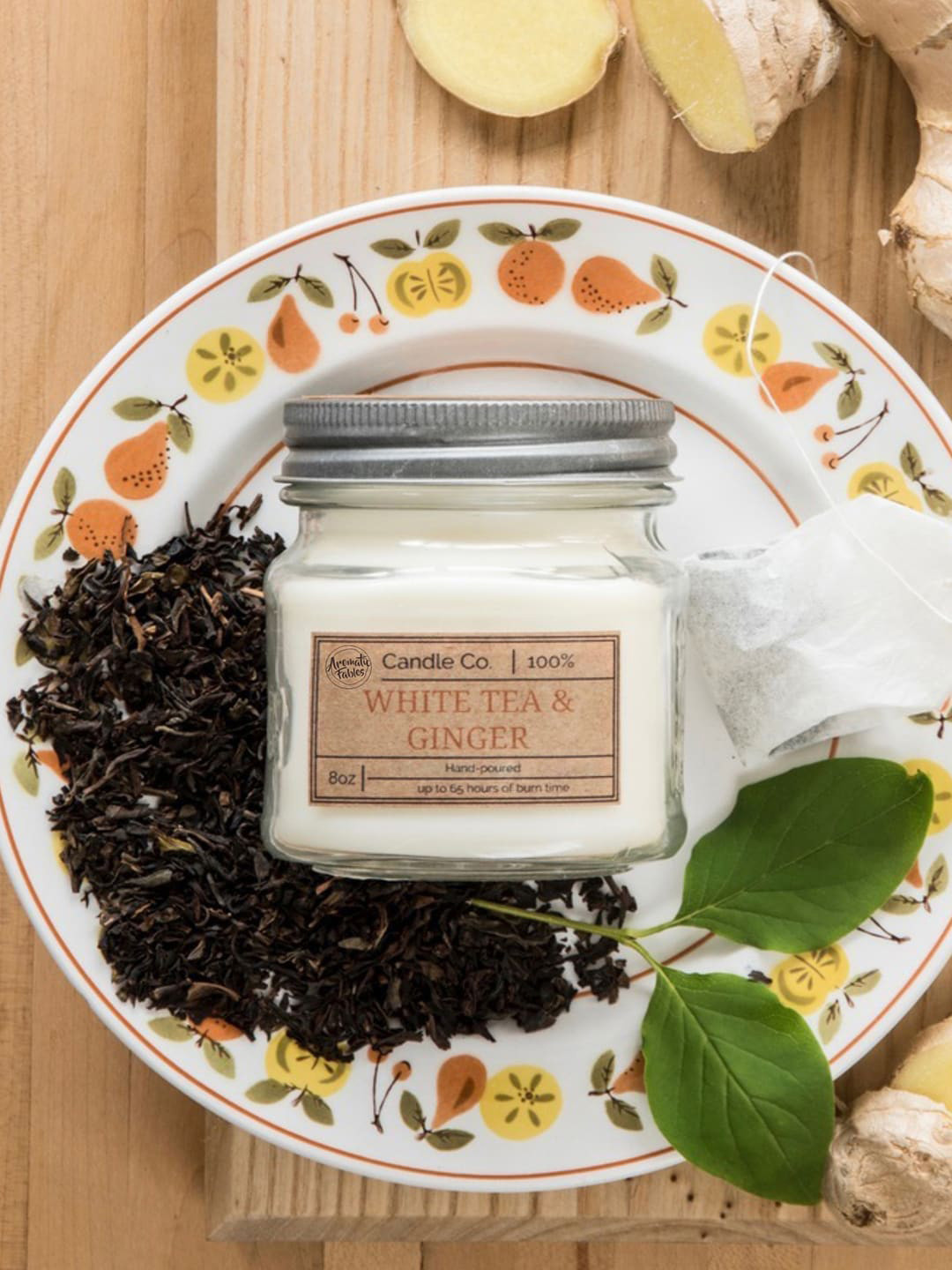 Aromatic Fables Square Glass Jar Scented 1 Wick White Tea and Ginger Solid Regular Candles