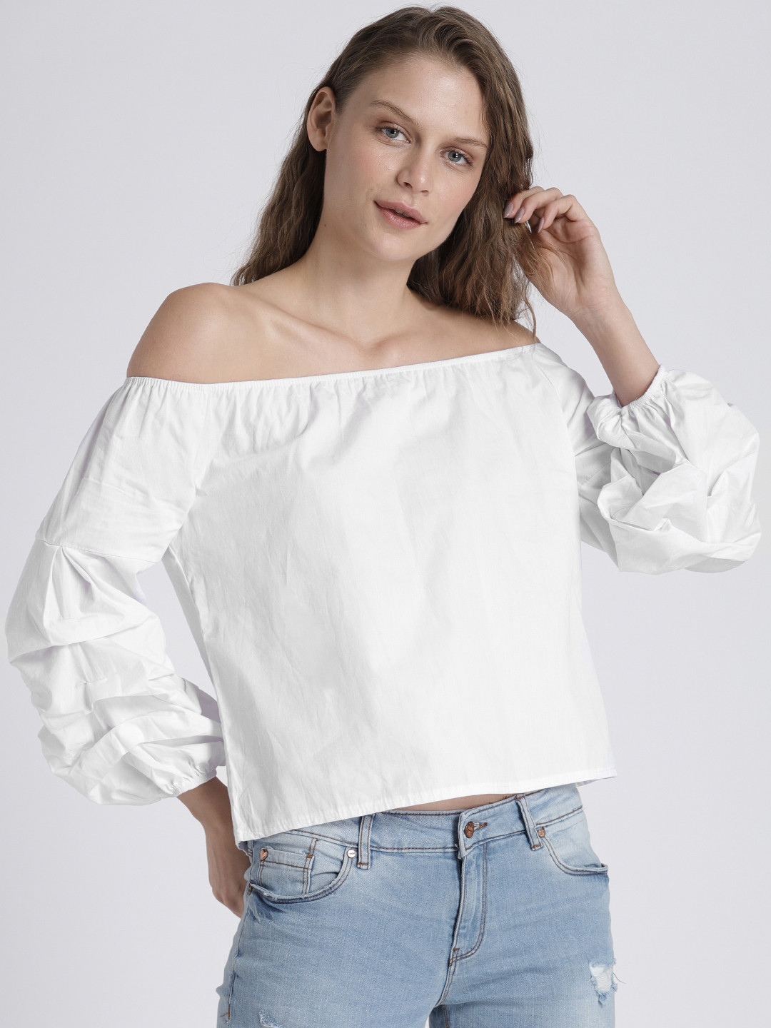 Splash Women White Solid Bardot Top