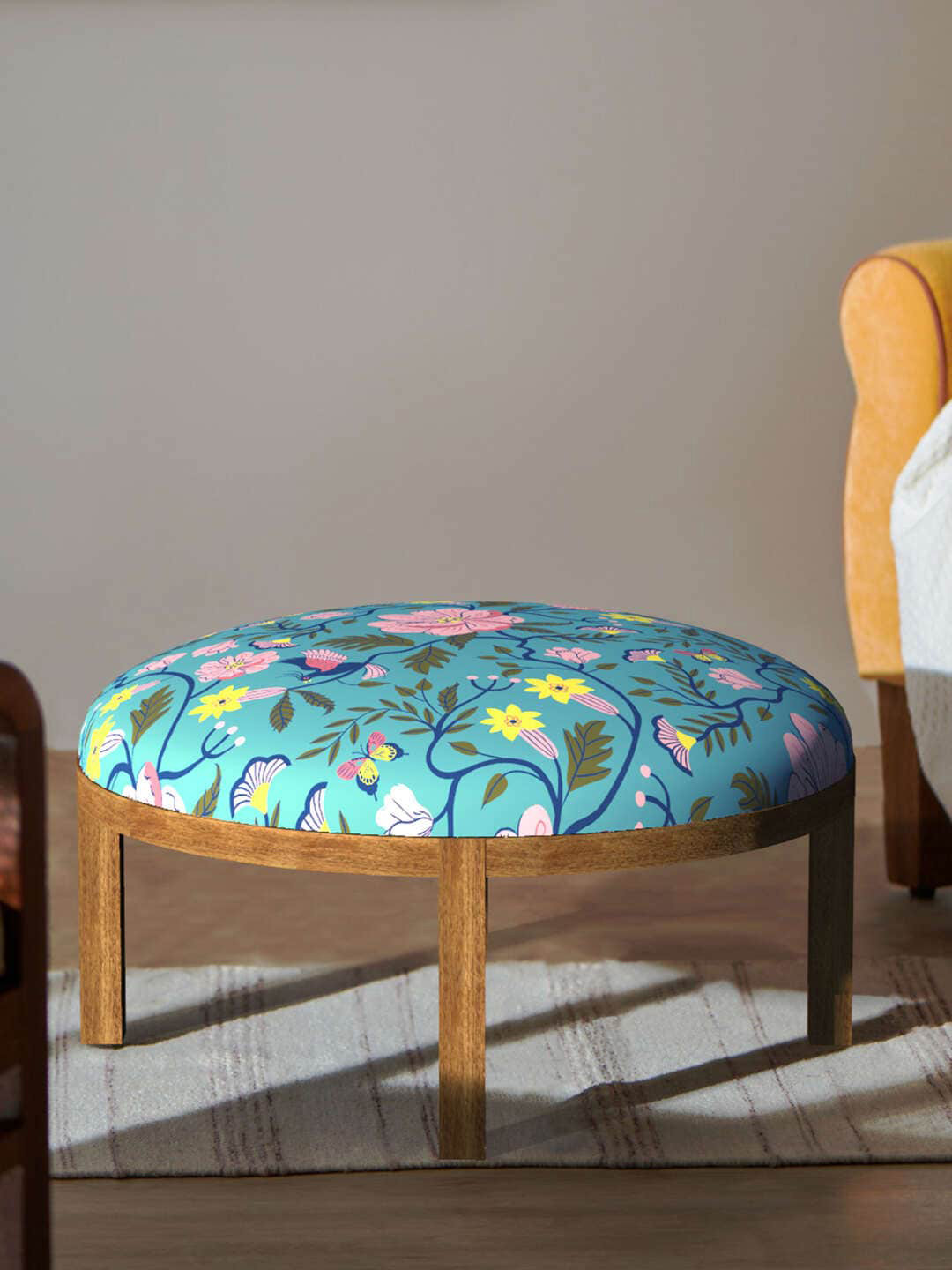 Chumbak Bohemian Turquoise Blue & Yellow Printed Spring Bloom Teal Ottoman