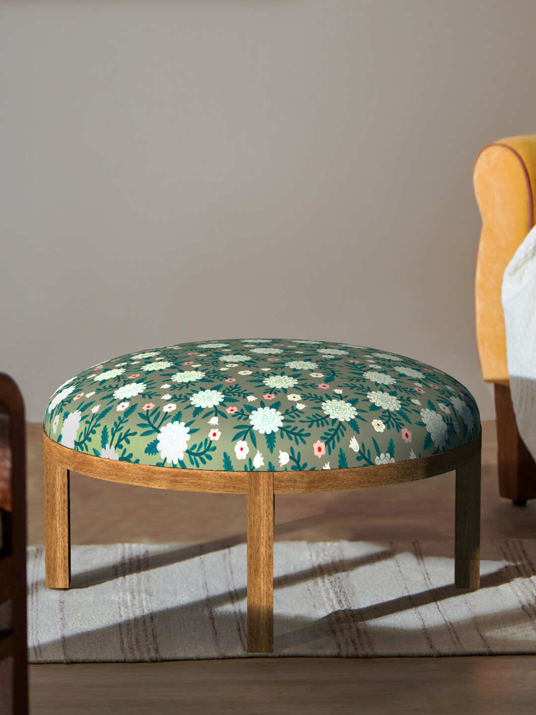 Chumbak Bohemian Green & White Printed Spring Marigold Ottoman