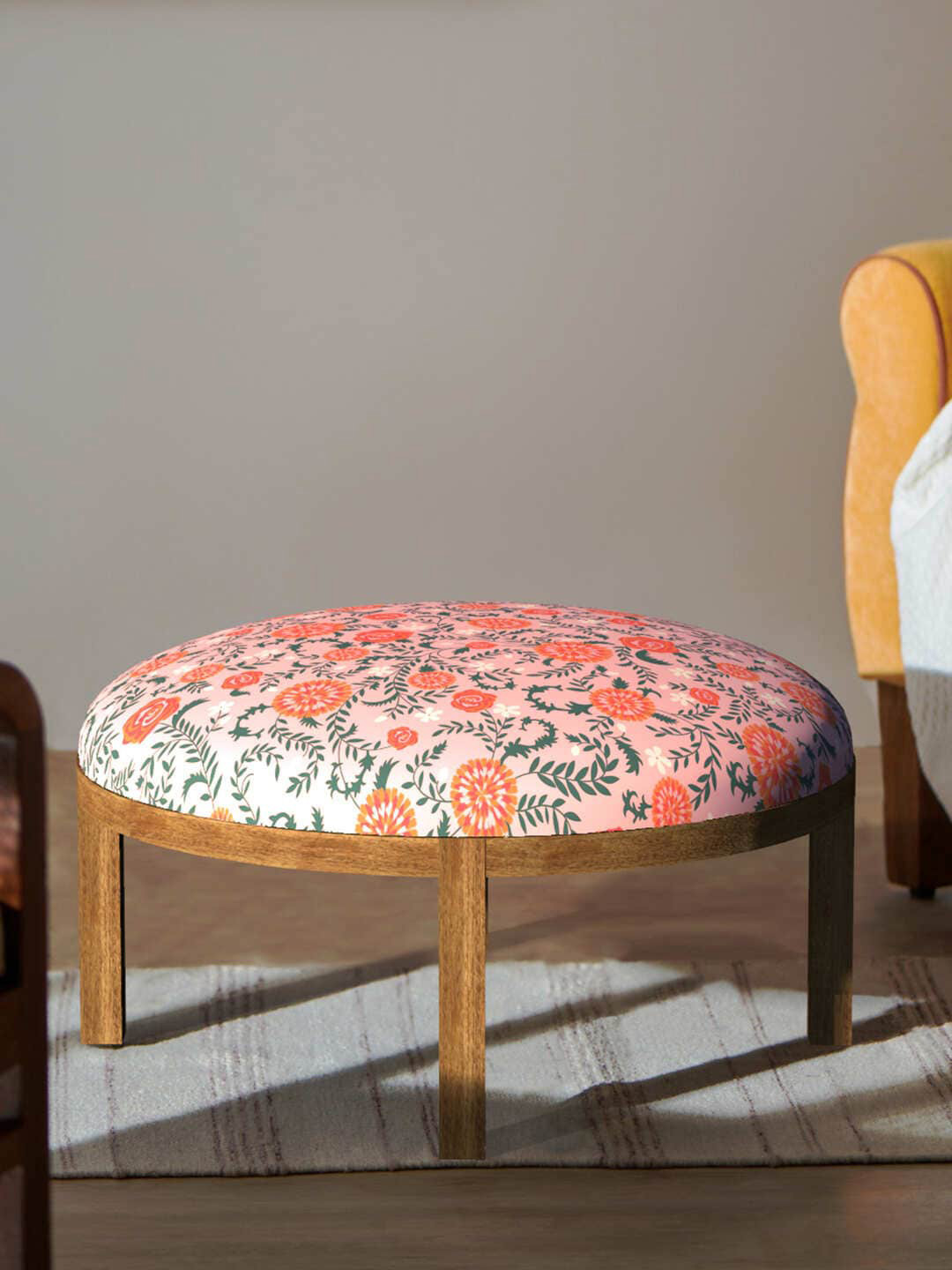 Chumbak Earthy Florals Peach-Coloured & Green Printed Ottoman