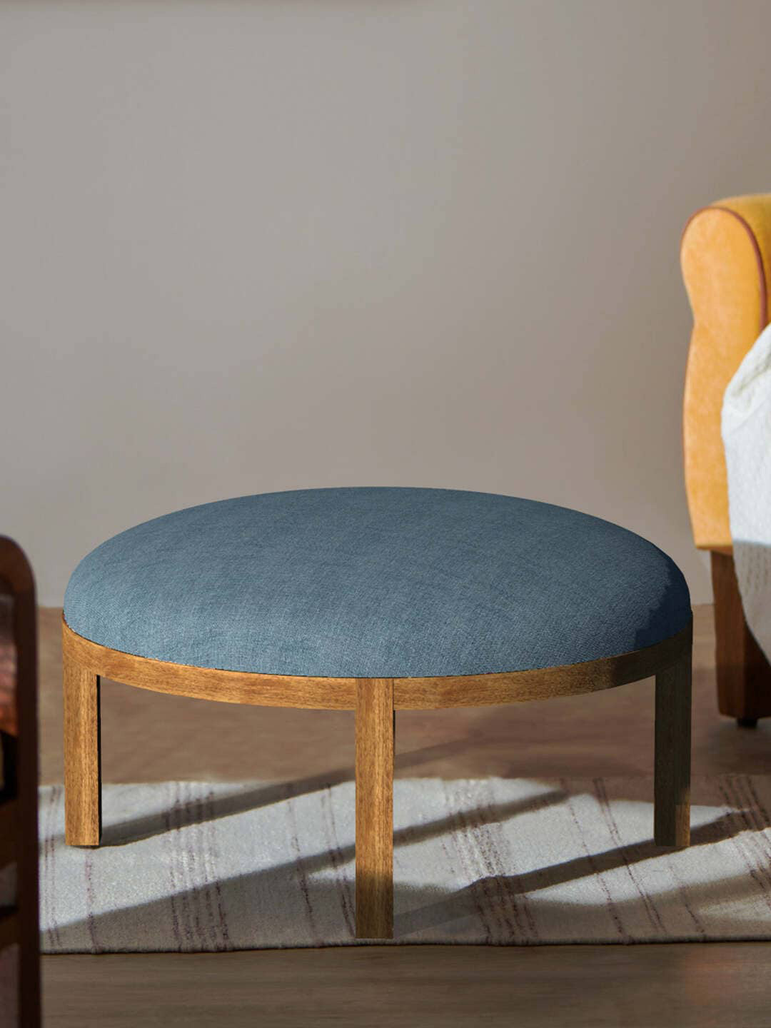 Chumbak Bohemian Blue Round Wood Ottoman