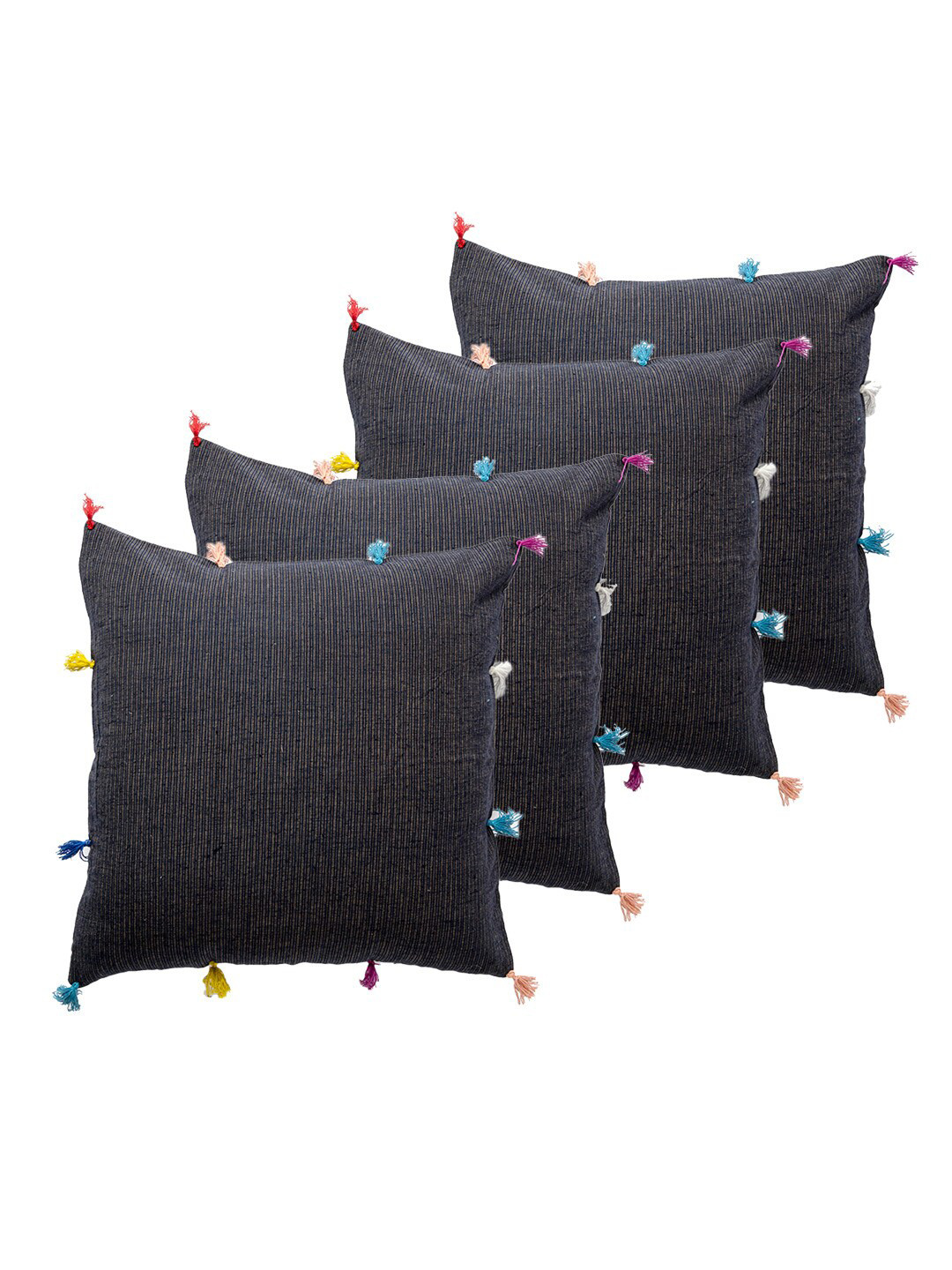 Contrast Living Navy Blue Cotton 4 Piece Textured Square Cushion Covers -22x22In