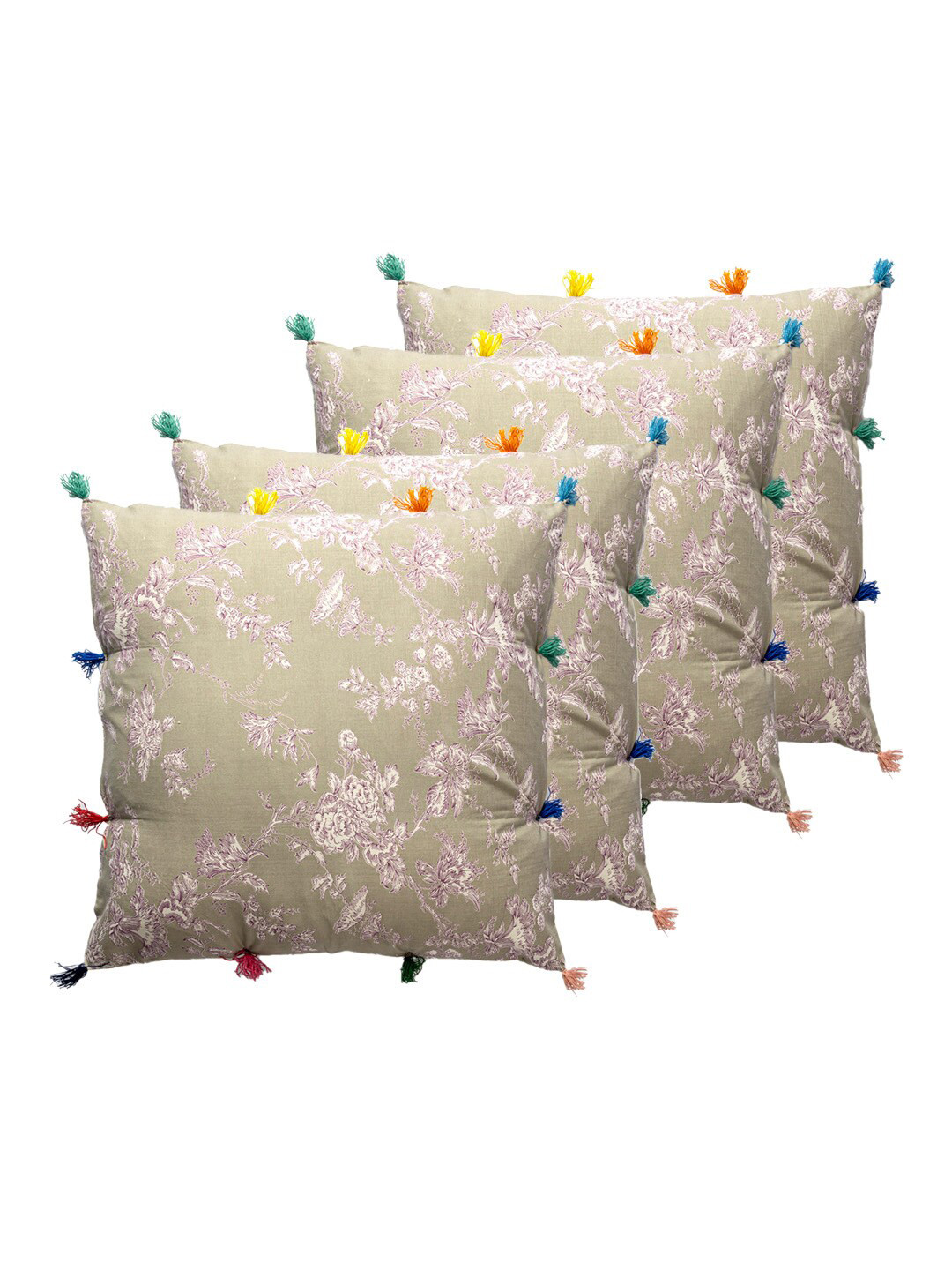 Contrast Living 4 Pieces Beige & Purple Floral Cotton Square Cushion Covers