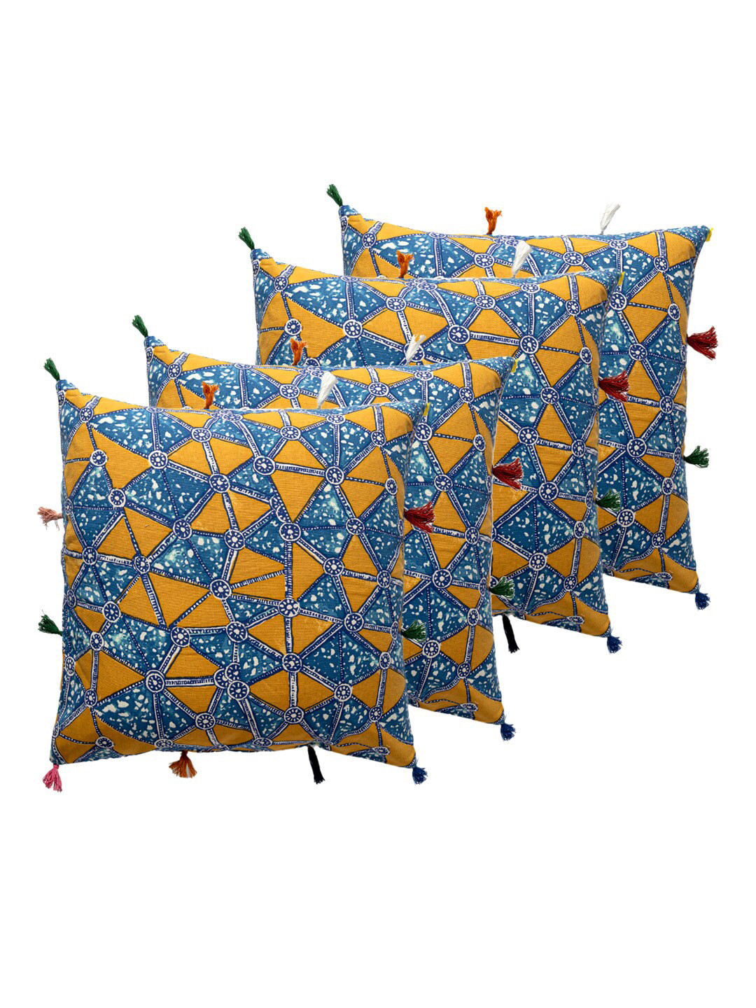 Contrast Living 4 Pieces Mustard Yellow & Blue Geometric Cotton Square Cushion Covers