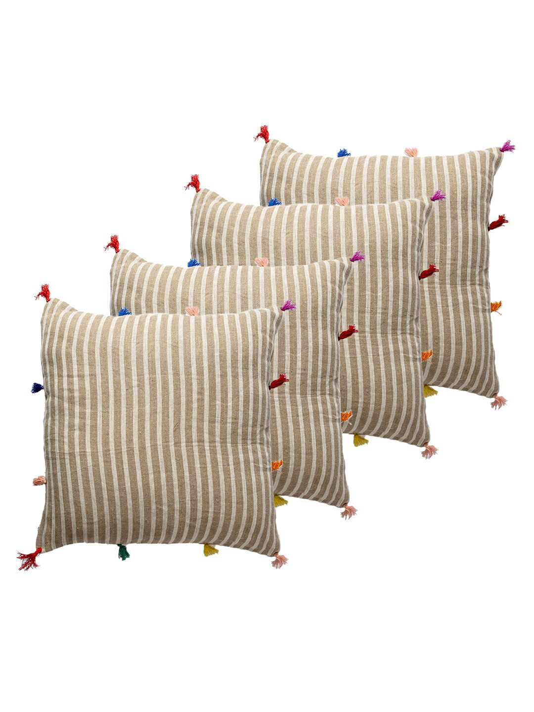 Contrast Living Brown Striped Linen 4 Pcs Textured Square Cushion Covers -13.8x12.6In