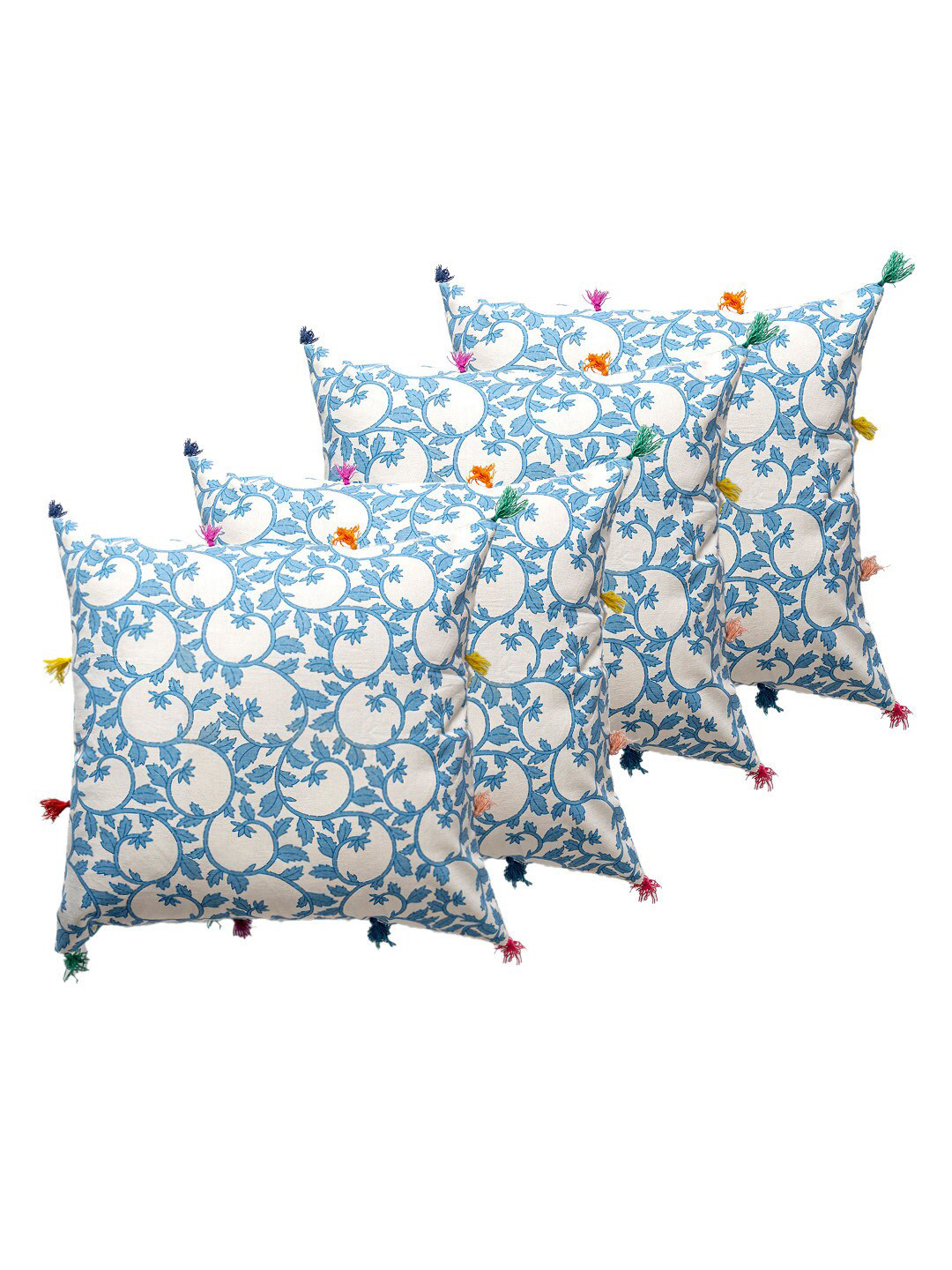 Contrast Living Blue Floral Cotton 4 Pcs Textured Square Cushion Covers -13.8x12.6In