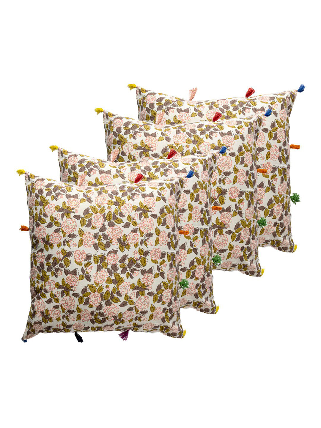 Contrast Living White & Green 4 Pieces Floral Cotton Square Cushion Covers
