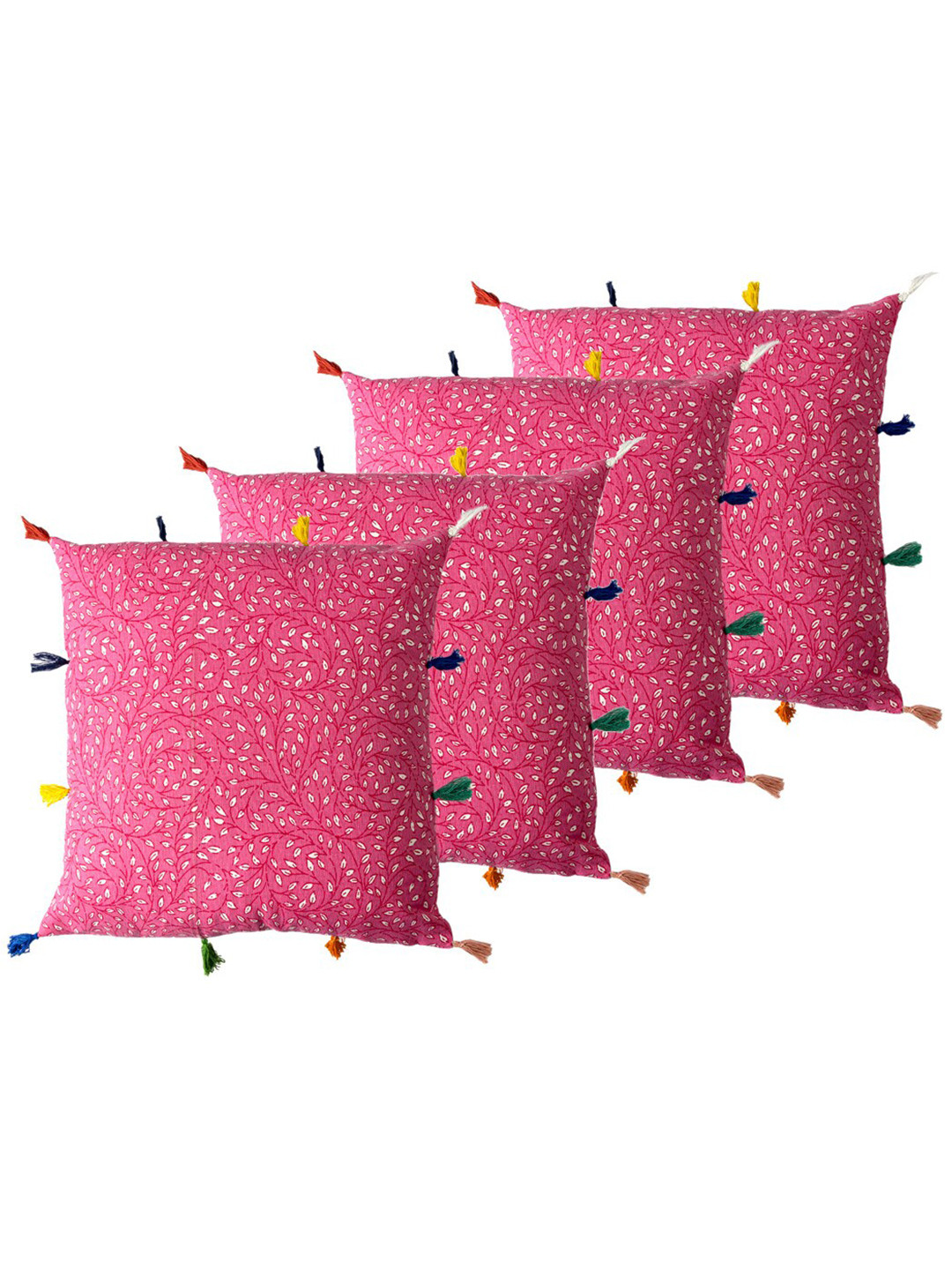 Contrast Living Pink & White 4 Pieces Floral Printed Cotton Square Cushion Covers