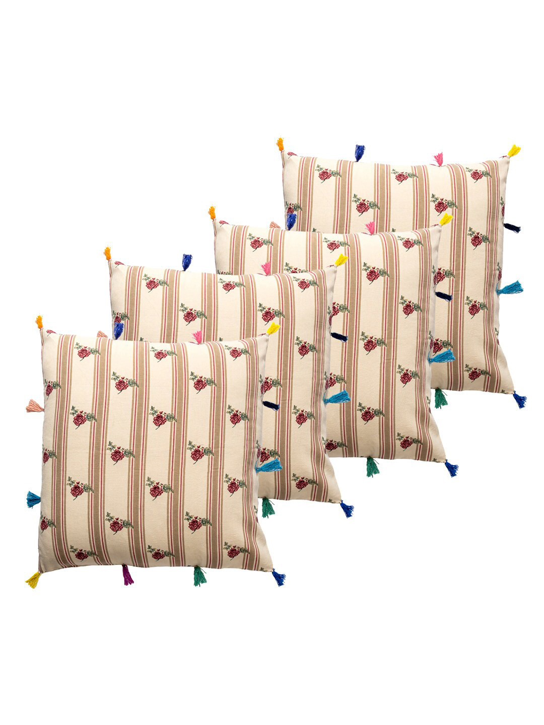 Contrast Living 4 Pieces Beige & Brown Striped Cotton Square Cushion Covers
