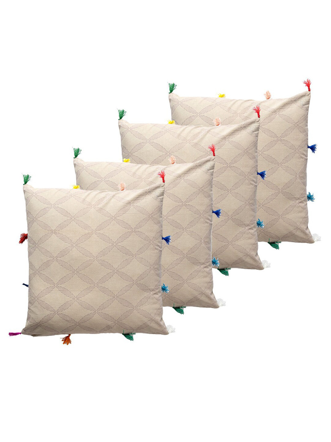 Contrast Living 4 Pieces Beige & Purple Geometric Cotton Square Cushion Covers