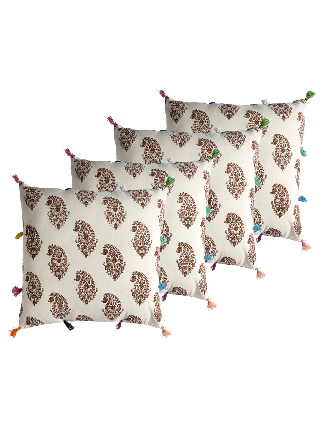 Contrast Living Cream-Coloured & Brown 4 Pieces Cotton Printed Square Cushion Covers
