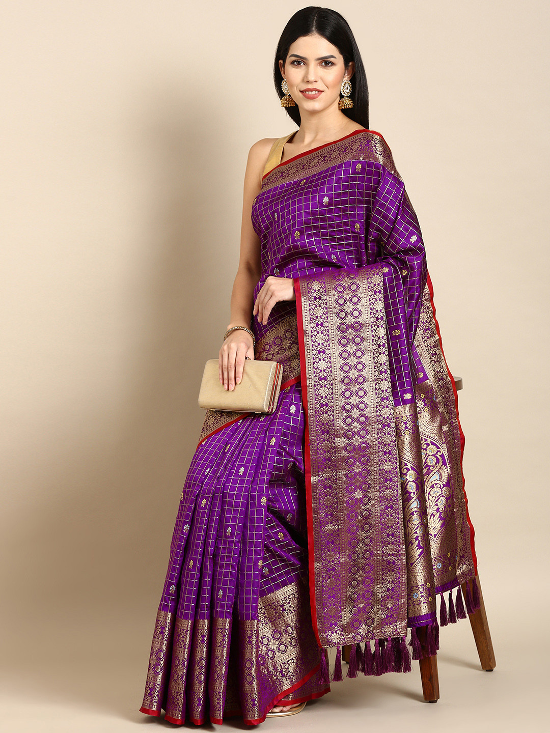Tasarika Woven Design Checked Zari Banarasi Saree