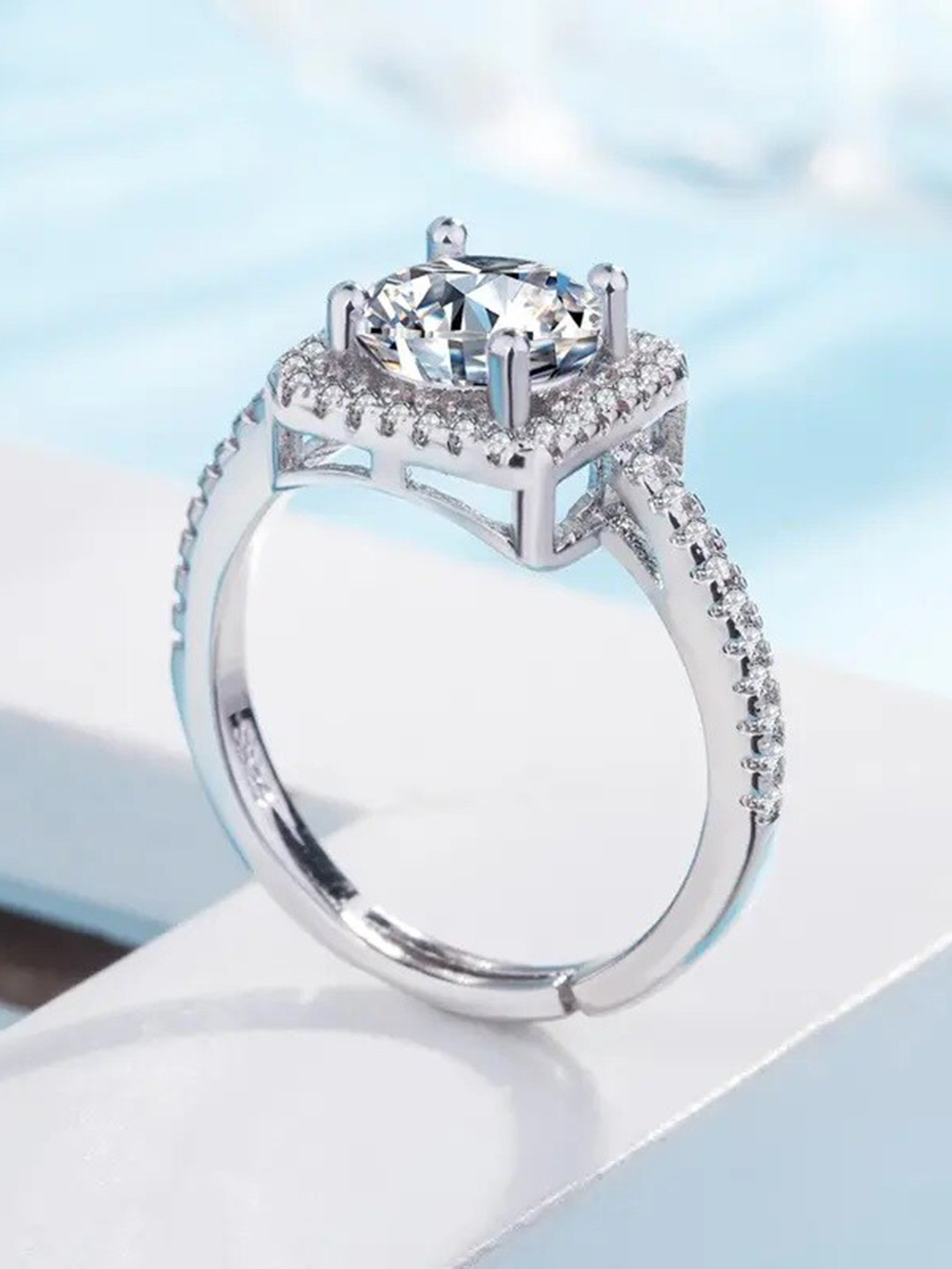 MEENAZ Silver-Plated AD-CZ Solitaire Studded Adjustable Ring