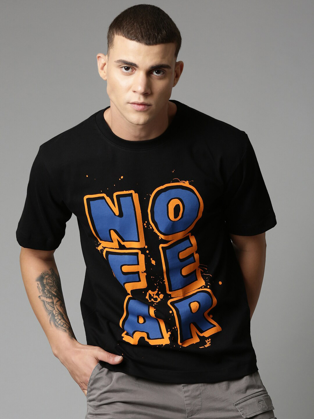 Breakbounce Black Typography Printed Cotton Relaxed Fit T-shirt