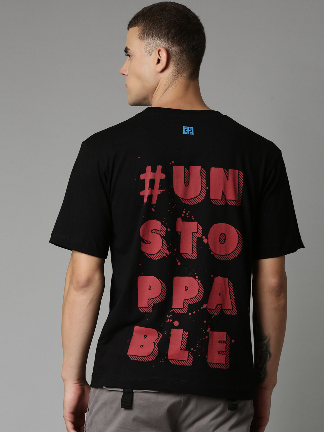 Breakbounce Black Typography Printed Cotton Relaxed Fit T-Shirt