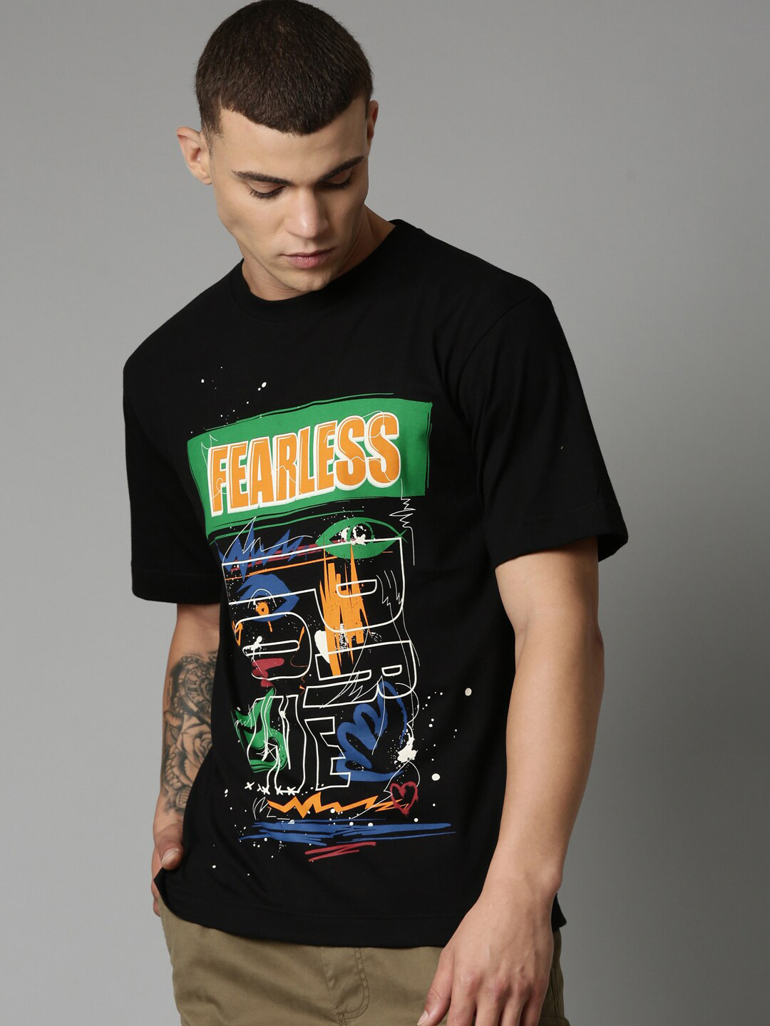 Breakbounce Black Typography Printed Cotton Relaxed Fit T-Shirt