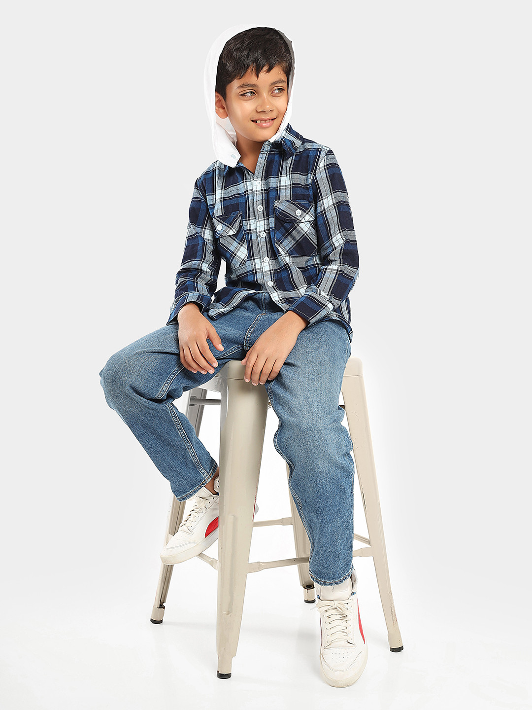 LilPicks Boys Smart Tartan Checked Cotton Shirt With Detachable Hood