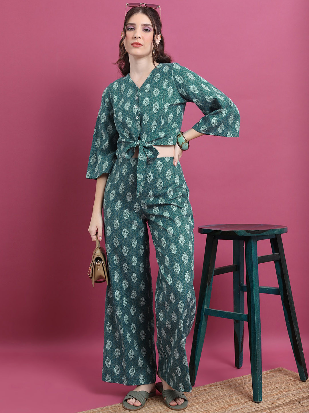 Vishudh Teal V-Neck Knotted Bell Seleeves Top With Palazzo