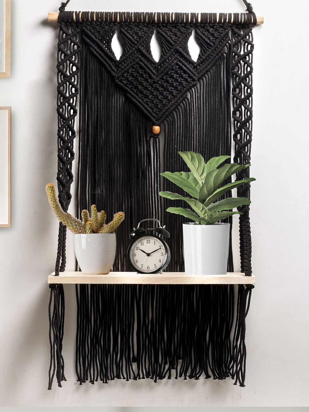 Decazone Black Macrame Woven Wooden Wall Hanging Shelf