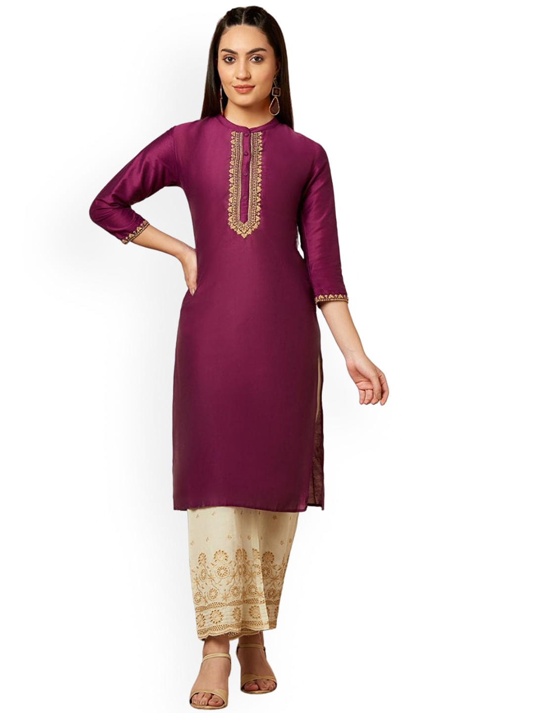 IMARA Band Collar Thread Work Detail Straight Kurta