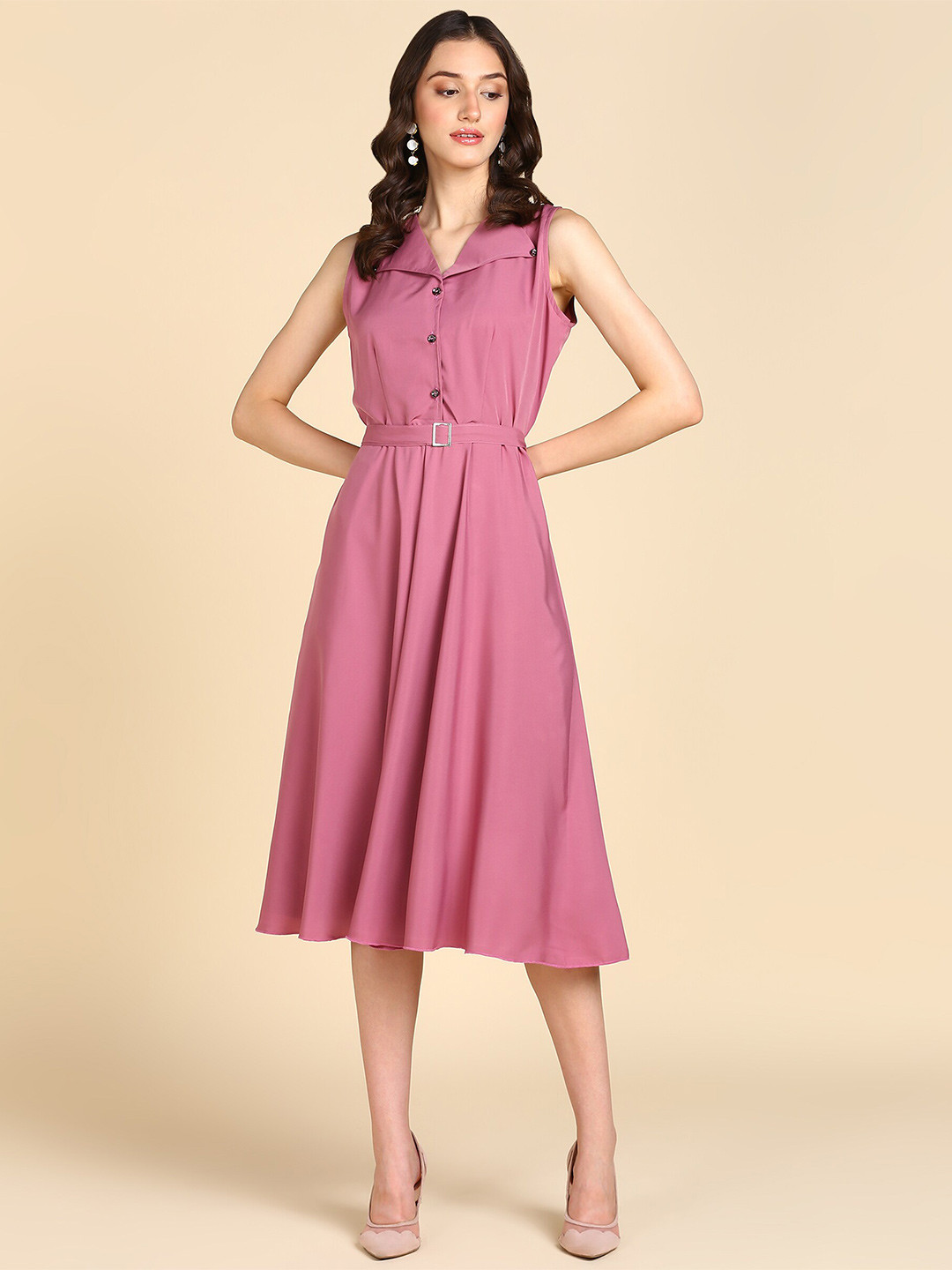 BAESD Belt Detailed V-Neck A-Line Dress