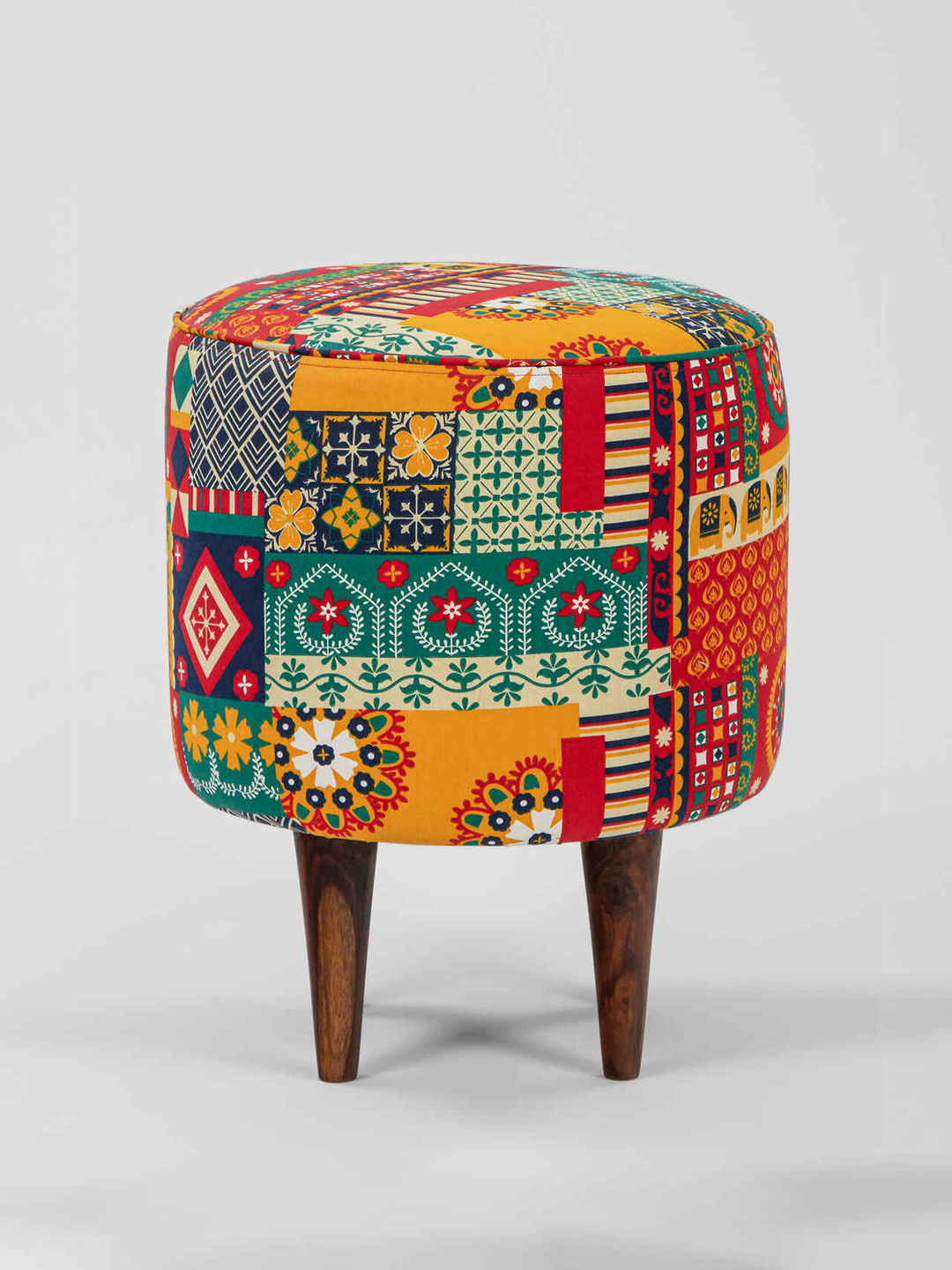 Chumbak Red & Yellow Floral-Printed Round Designed Legs Ottoman